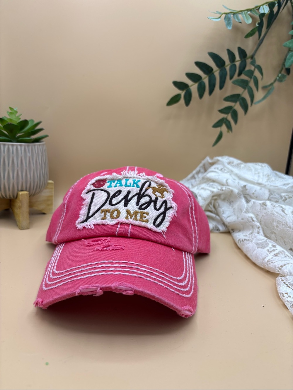 KBETHOS Talk Derby To Me Pink Distressed Baseball Cap Horse Racing Hat NWT